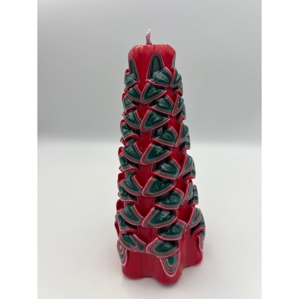 Vintage 1970s Handmade Carved Ribbon Candle Red Green Christmas Holiday Decor